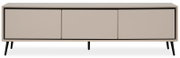 Modernes TV-Lowboard in Beige mit drei Türen und schwarzen Beinen, Frontalansicht.