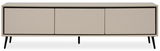 Modernes TV-Lowboard in Beige mit drei Türen und schwarzen Beinen, Frontalansicht.