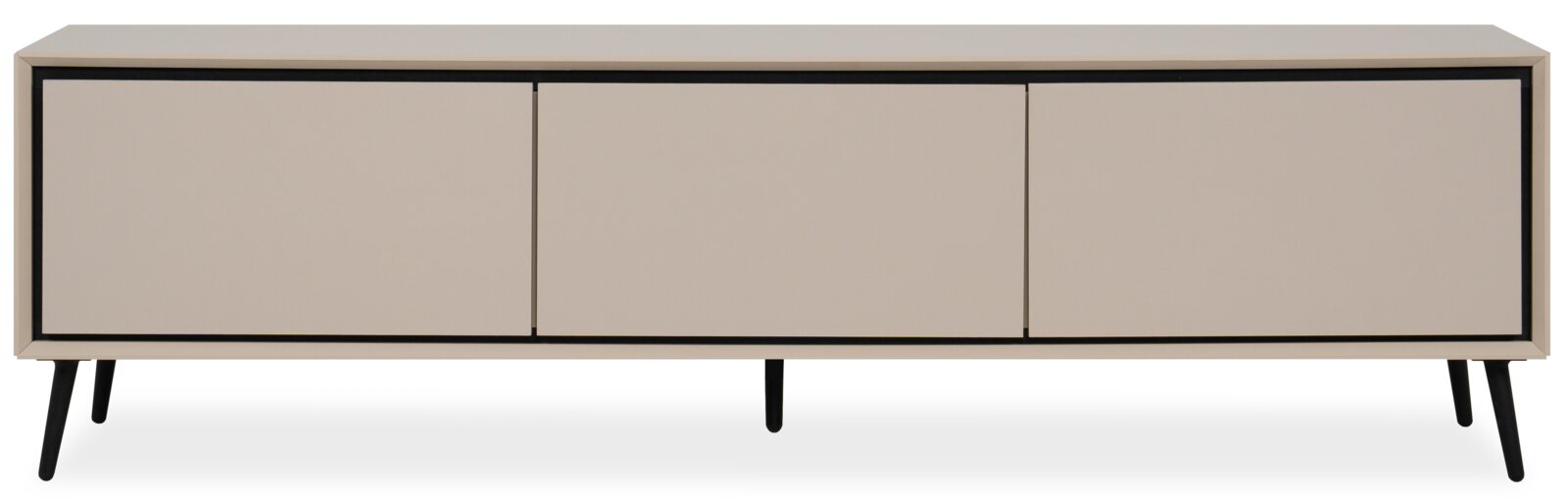 Modern tv-lowboard in beige met drie deuren en zwarte poten, gezien van voren.