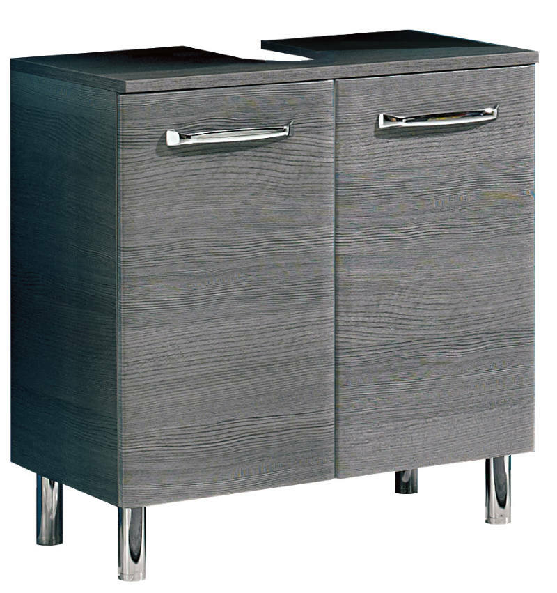 Moderner grauer Waschbeckenunterschrank mit zwei Türen und silbernen Griffen, Perspektive von vorne