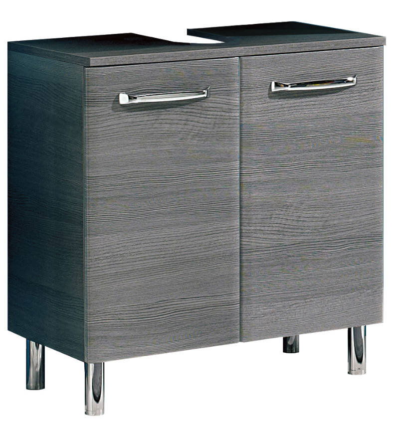 Moderner grauer Waschbeckenunterschrank mit zwei Türen und silbernen Griffen, Perspektive von vorne