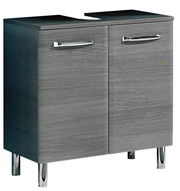 Moderner grauer Waschbeckenunterschrank mit zwei Türen und silbernen Griffen, Perspektive von vorne