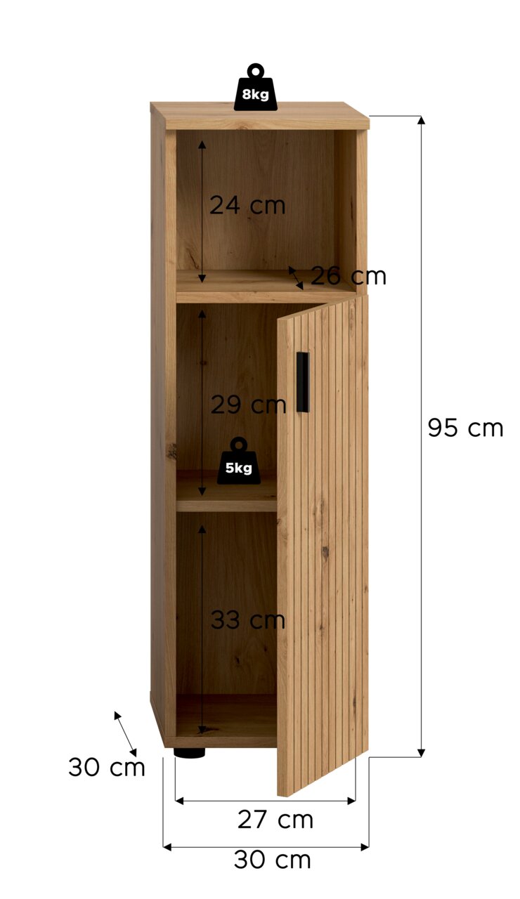 Schmaler Holzschrank in Eiche-Optik mit geriffelter Tür und schwarzem Griff, Tür nach rechts geöffnet, Innenfächer mit Maßangaben (95 cm hoch, 30 cm breit, 30 cm tief) – Frontansicht leicht schräg von vorn.