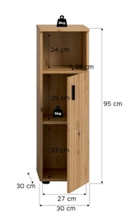 Schmaler Holzschrank in Eiche-Optik mit geriffelter Tür und schwarzem Griff, Tür nach rechts geöffnet, Innenfächer mit Maßangaben (95 cm hoch, 30 cm breit, 30 cm tief) – Frontansicht leicht schräg von vorn.
