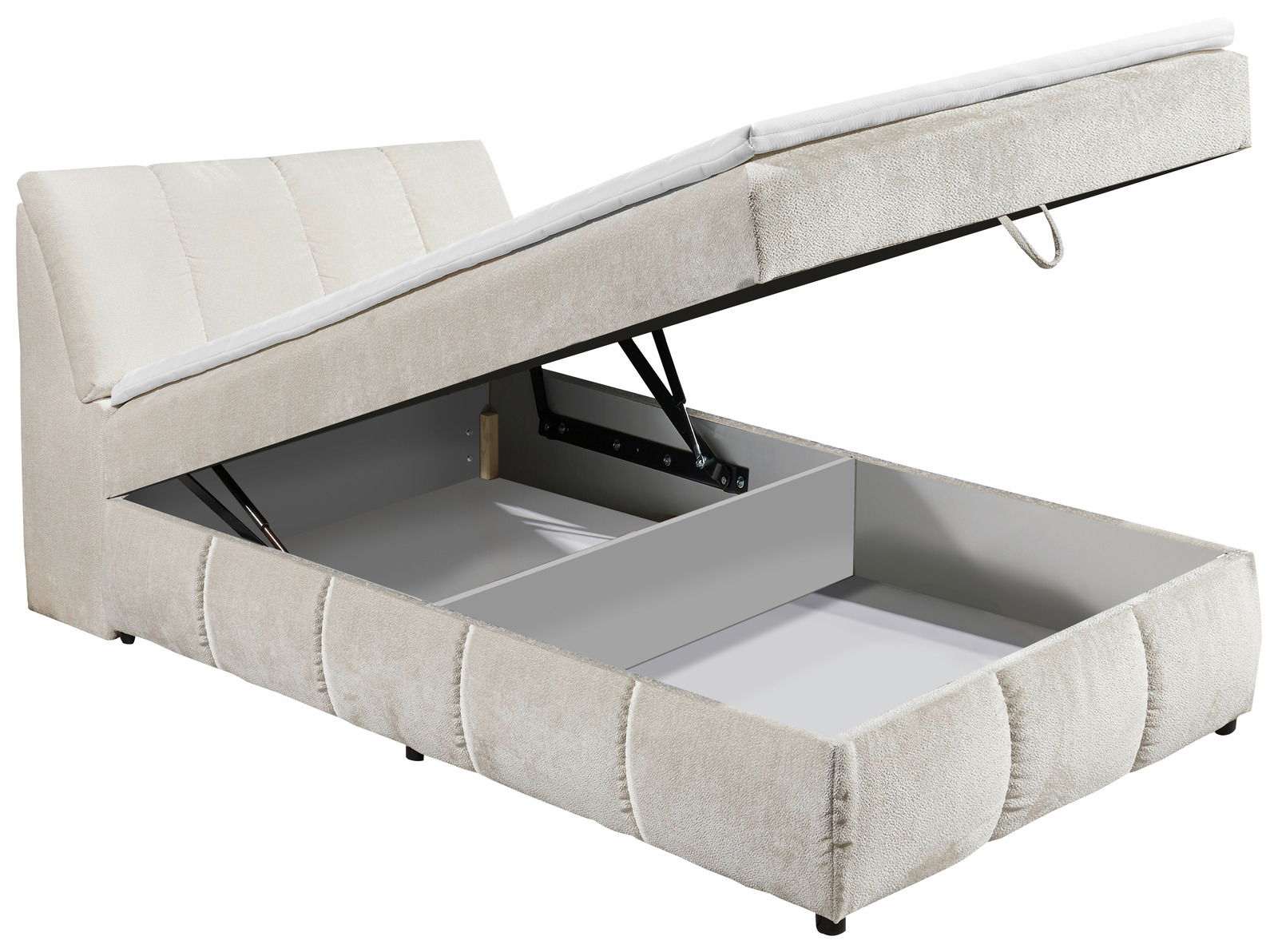 Boxspringbett mit geöffnetem Stauraum, seitliche Perspektive
