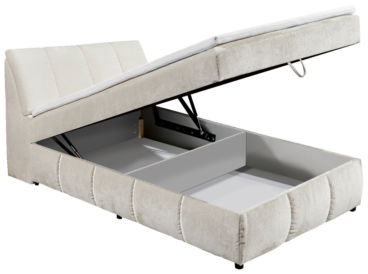 Boxspringbett mit geöffnetem Stauraum, seitliche Perspektive