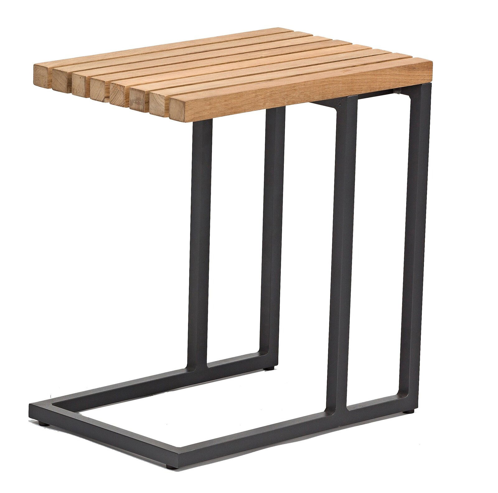 Moderner Beistelltisch mit Holzlatten-Oberfläche und schwarzem Metallgestell, seitliche Perspektive