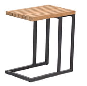 Moderner Beistelltisch mit Holzlatten-Oberfläche und schwarzem Metallgestell, seitliche Perspektive