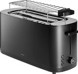 Schwarzer Toaster mit Brötchenaufsatz, seitliche Ansicht