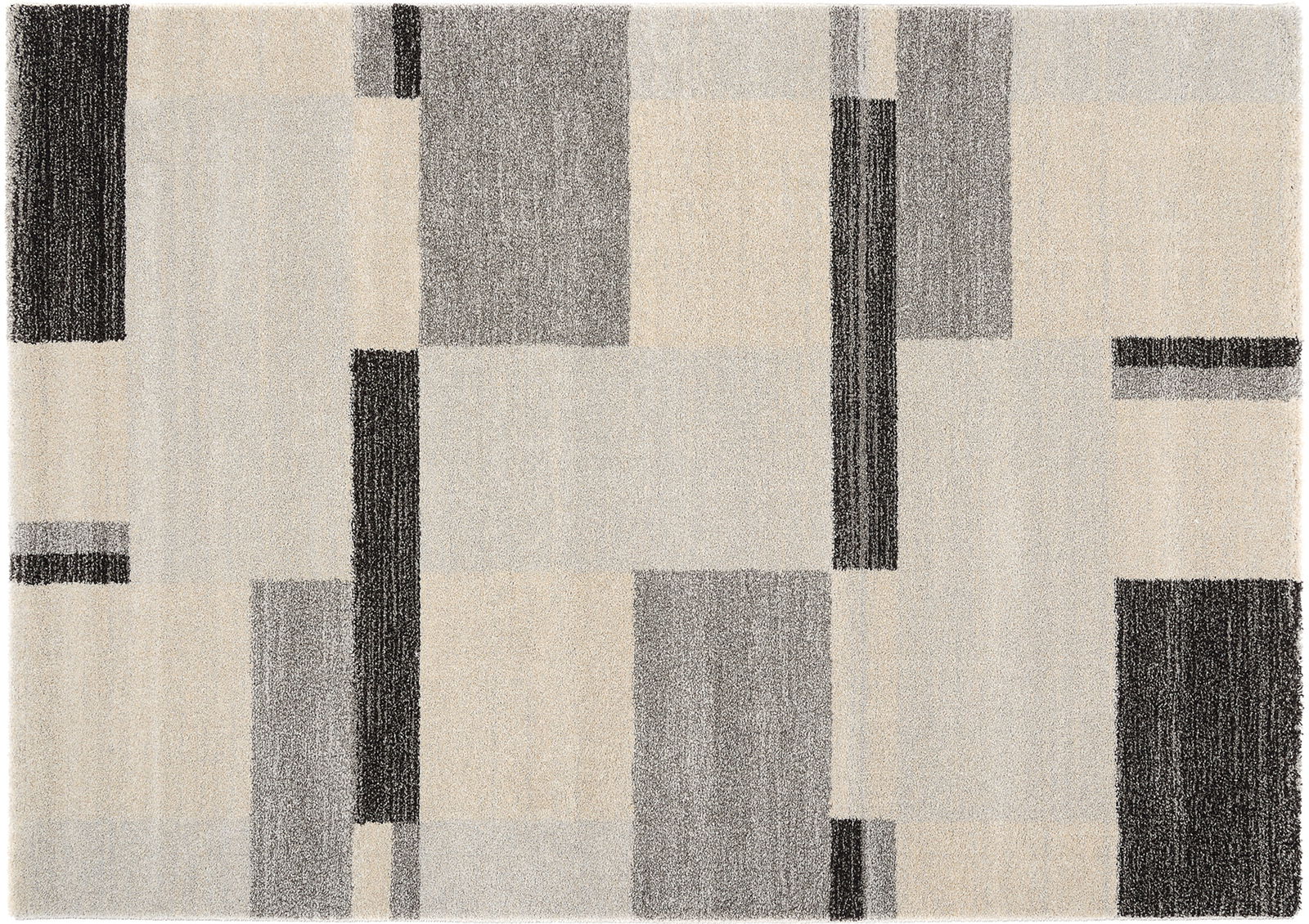 Moderner Teppich mit geometrischem Muster in Grau- und Beigetönen, Draufsicht