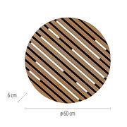 Runde Wand- und Deckenleuchte Q-AKUSTIK von Paul Neuhaus mit einem Durchmesser von 60 cm und einer Höhe von 6 cm, aus Holzlamellen mit diagonalen Streifen, Draufsicht.