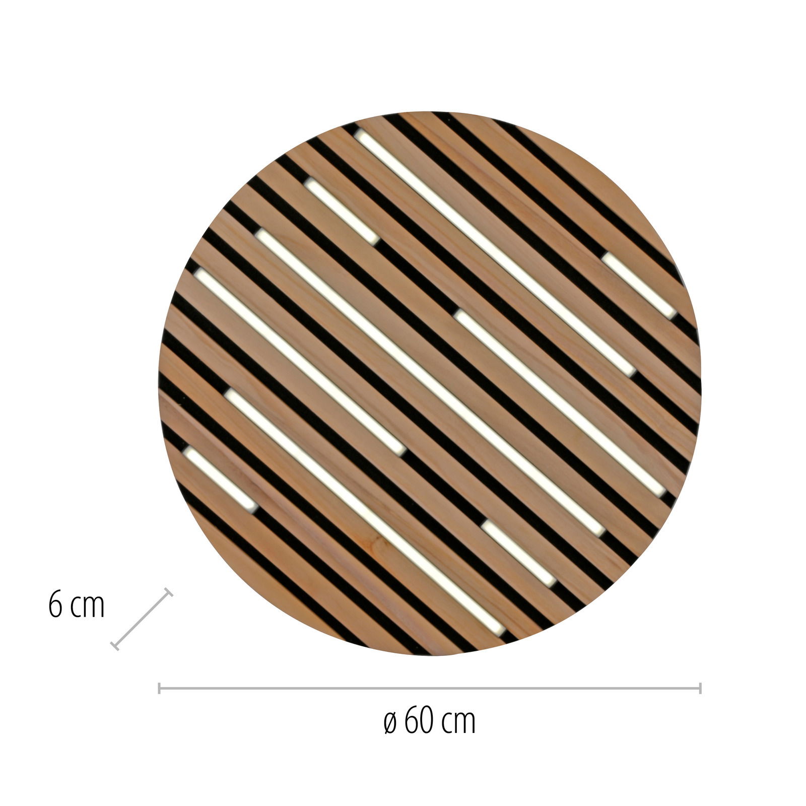 Runde Wand- und Deckenleuchte Q-AKUSTIK von Paul Neuhaus mit einem Durchmesser von 60 cm und einer Höhe von 6 cm, aus Holzlamellen mit diagonalen Streifen, Draufsicht.