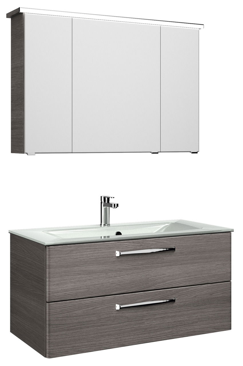Moderner Badblock mit Spiegelschrank und Waschbeckenunterschrank in Holzoptik, Frontalansicht