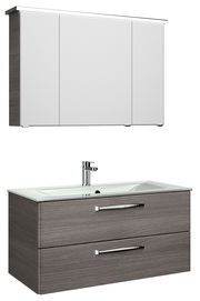 Moderner Badblock mit Spiegelschrank und Waschbeckenunterschrank in Holzoptik, Frontalansicht