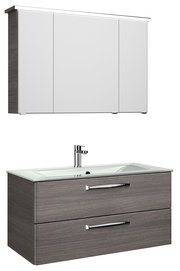 Moderner Badblock mit Spiegelschrank und Waschbeckenunterschrank in Holzoptik, Frontalansicht