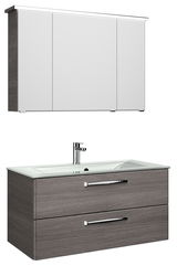 Moderner Badblock mit Spiegelschrank und Waschbeckenunterschrank in Holzoptik, Frontalansicht