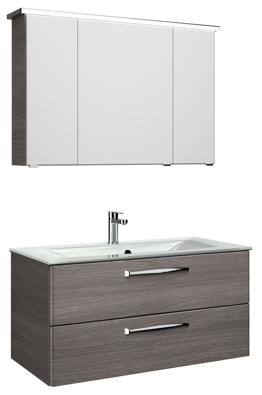 Moderner Badblock mit Spiegelschrank und Waschbeckenunterschrank in Holzoptik, Frontalansicht