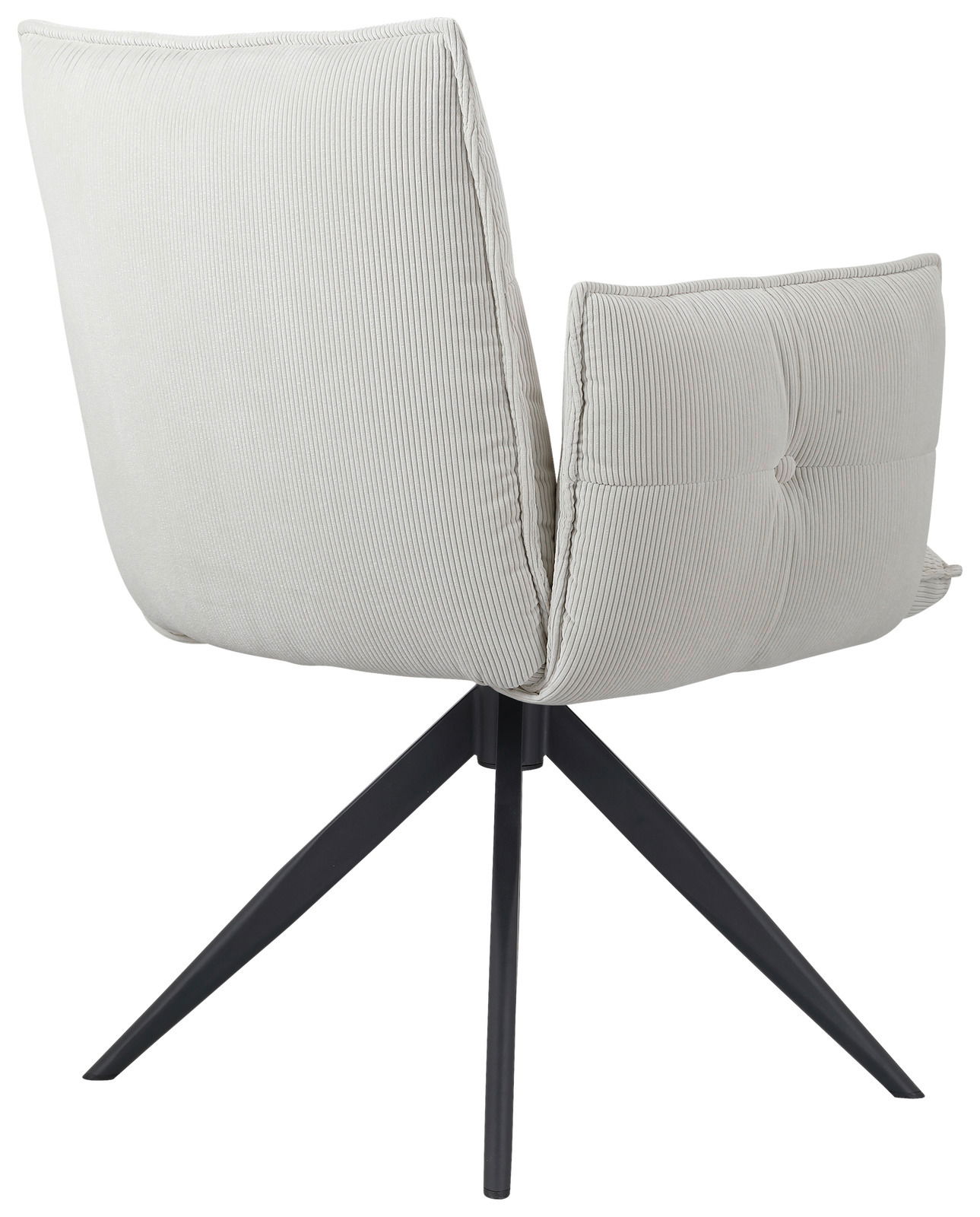 Rückansicht eines modernen Armlehnstuhls mit hellgrauem Stoffbezug und schwarzem Metallgestell.