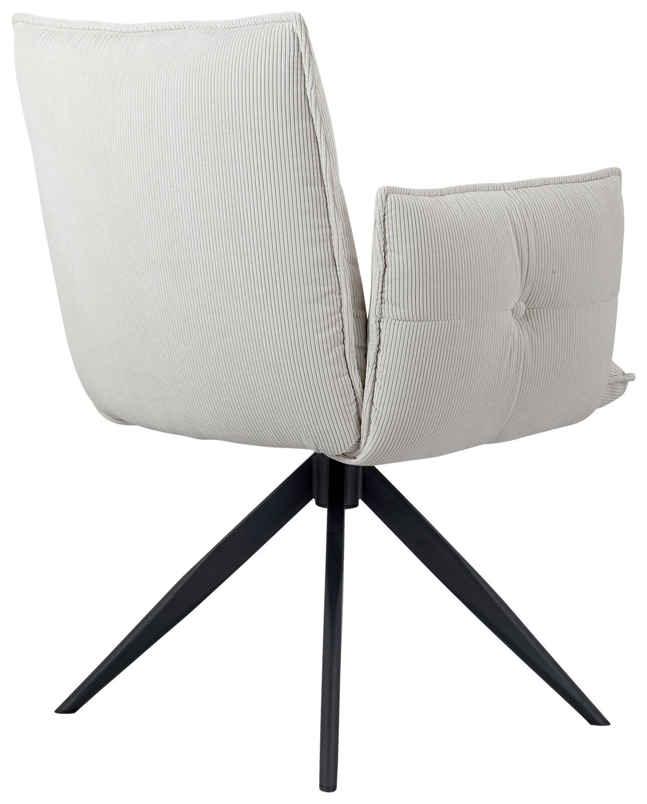 Rückansicht eines modernen Armlehnstuhls mit hellgrauem Stoffbezug und schwarzem Metallgestell.