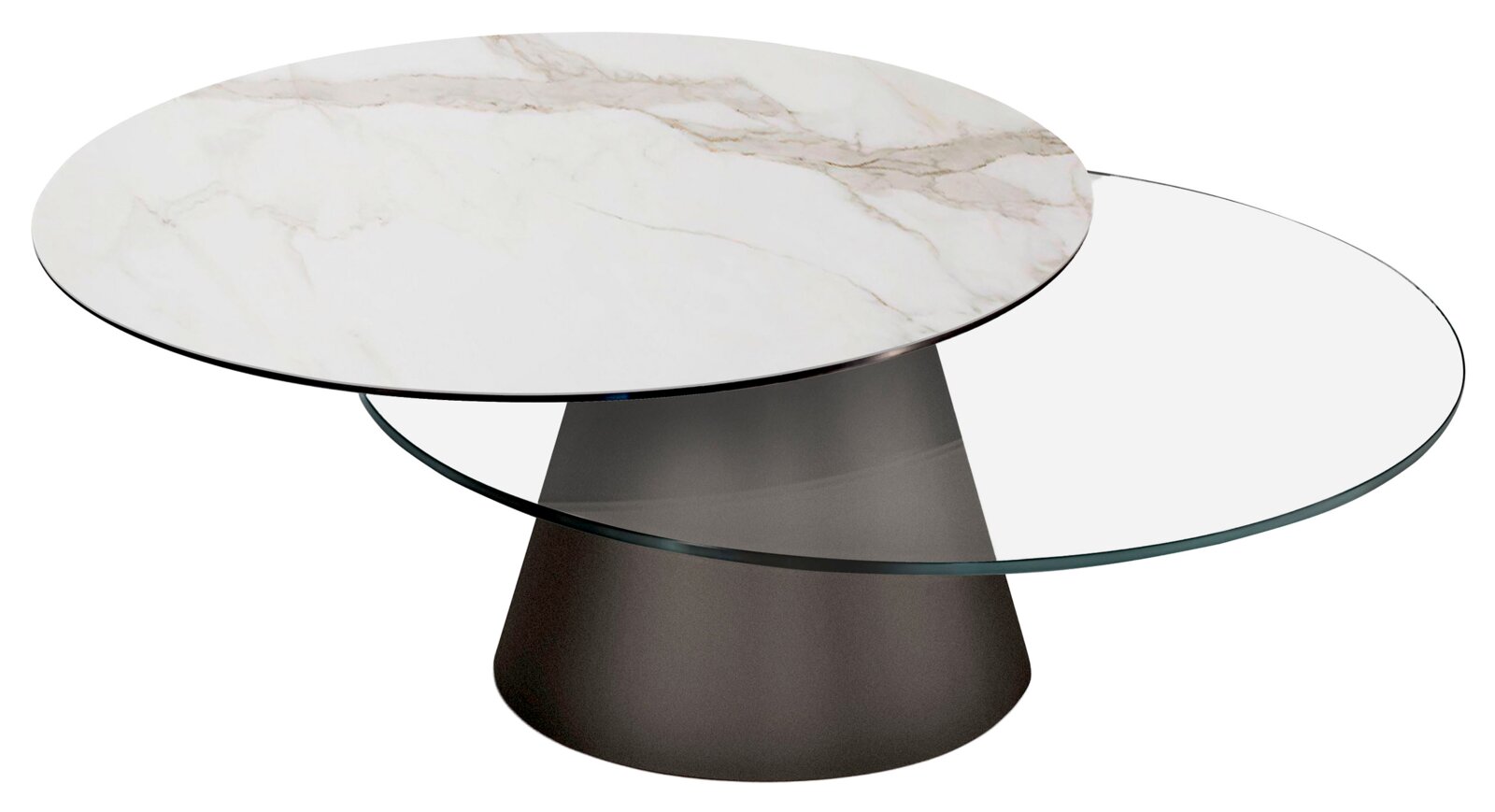 Zurbrüggen Couchtisch GIROTONDO Moderner Couchtisch mit runder Marmorplatte und Glasablage, seitliche Perspektive