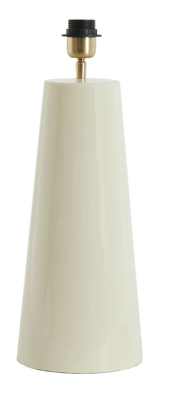 Moderner, konischer Lampenfuß in Cremefarbe aus seitlicher Perspektive.