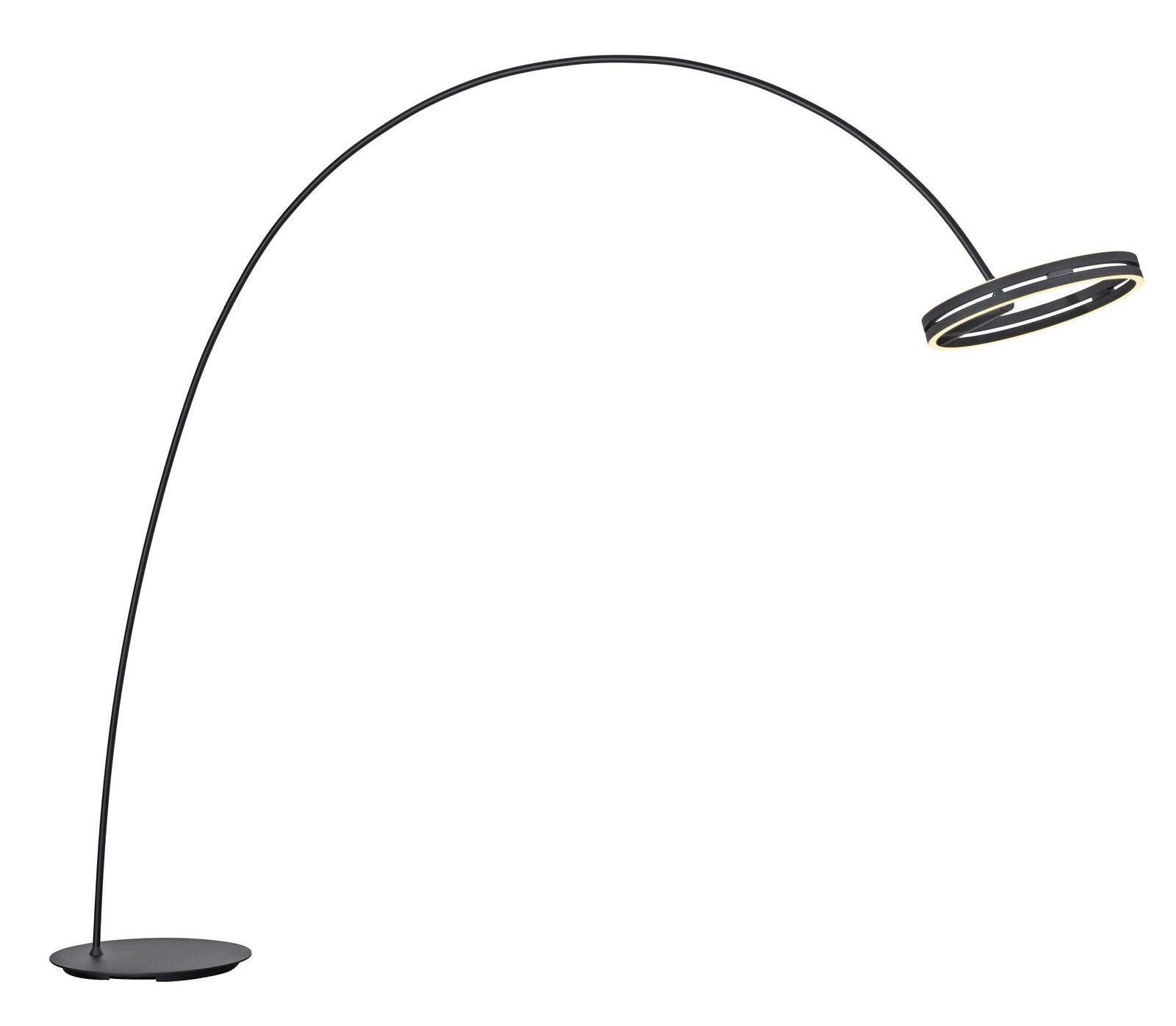 Moderne LED-Bogenleuchte in schwarzem Design, seitliche Perspektive