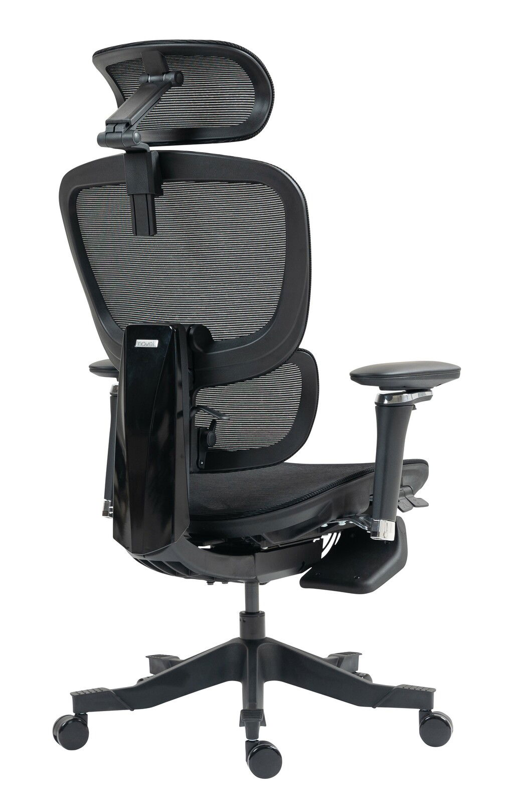 Rückansicht eines ergonomischen Drehstuhls mit Netzrückenlehne und verstellbarer Kopfstütze