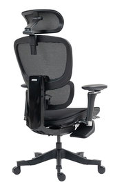 Rückansicht eines ergonomischen Drehstuhls mit Netzrückenlehne und verstellbarer Kopfstütze