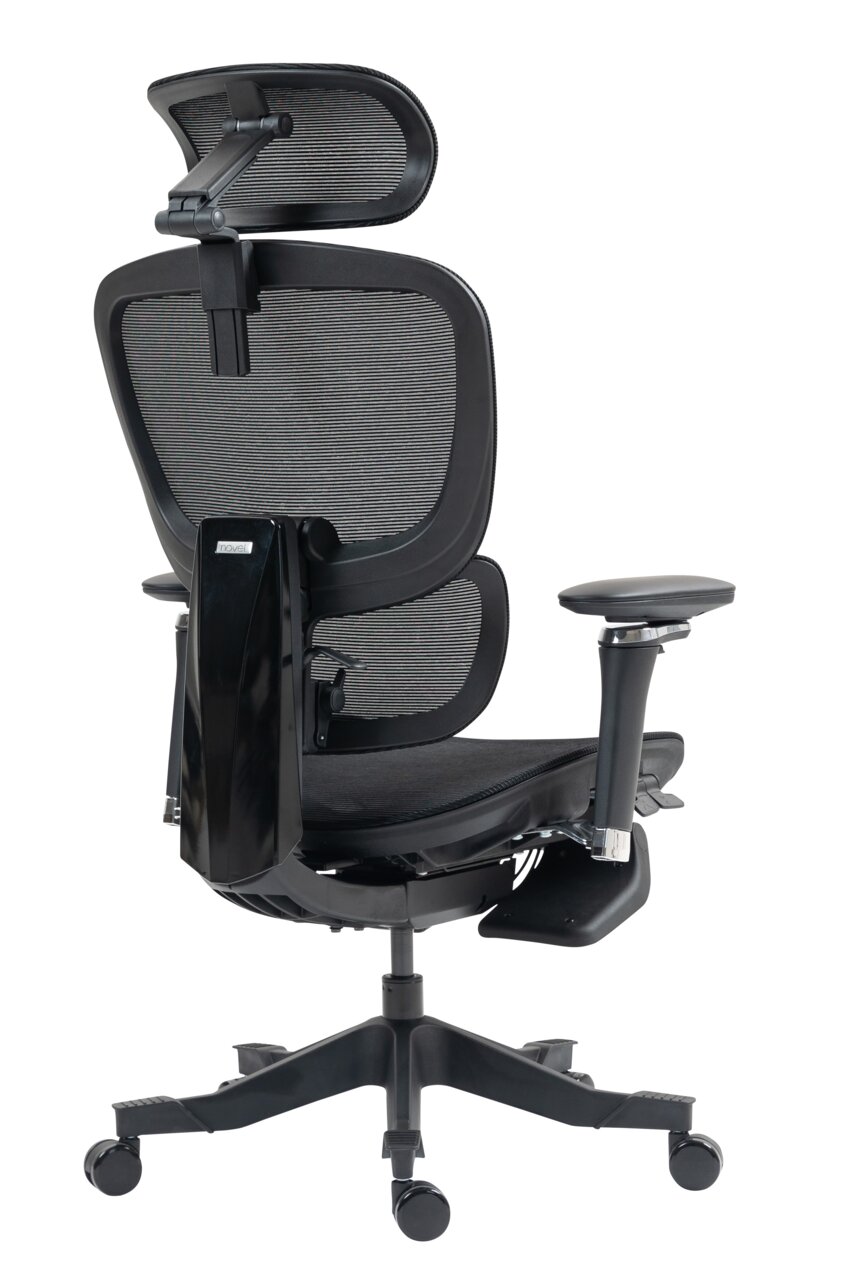 Rückansicht eines ergonomischen Drehstuhls mit Netzrückenlehne und verstellbarer Kopfstütze