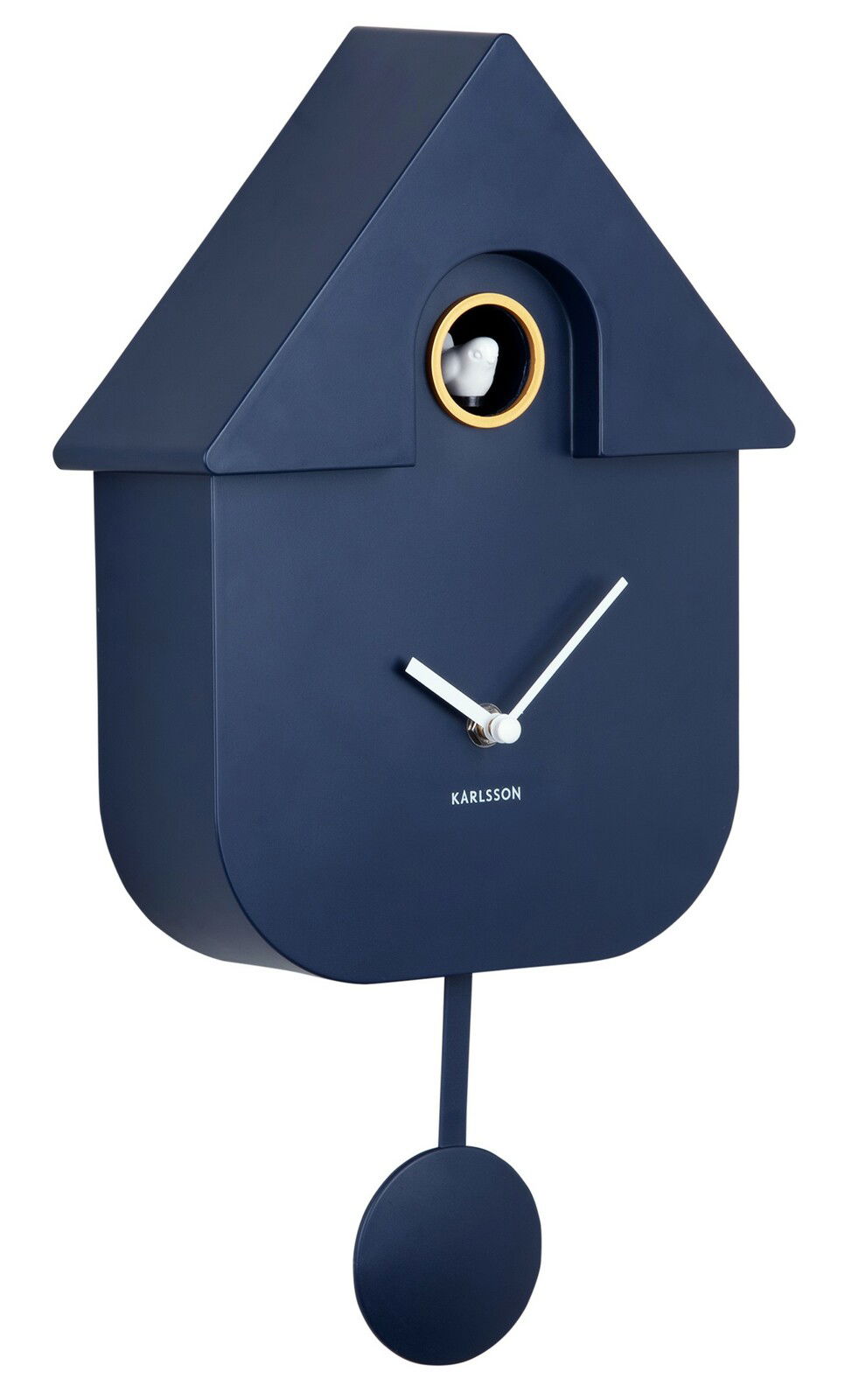 Moderne blaue Kuckucksuhr mit Pendel, seitliche Perspektive