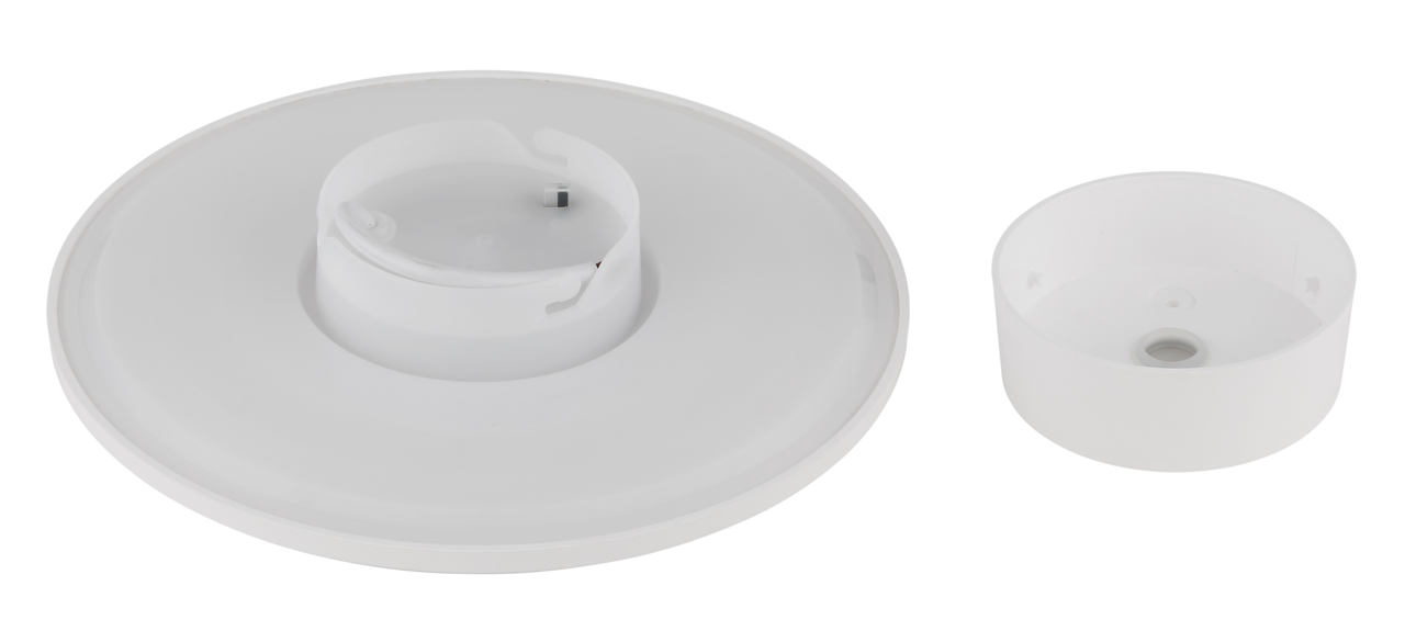 Zwei weiße Komponenten einer LED-Außenwandleuchte, von oben betrachtet. Eine runde Abdeckung und eine zylindrische Halterung.