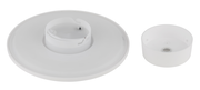 Zwei weiße Komponenten einer LED-Außenwandleuchte, von oben betrachtet. Eine runde Abdeckung und eine zylindrische Halterung.