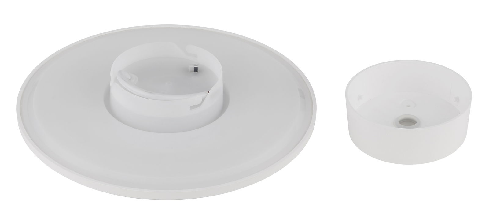 Zwei weiße Komponenten einer LED-Außenwandleuchte, von oben betrachtet. Eine runde Abdeckung und eine zylindrische Halterung.