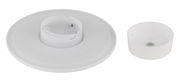 Zwei weiße Komponenten einer LED-Außenwandleuchte, von oben betrachtet. Eine runde Abdeckung und eine zylindrische Halterung.