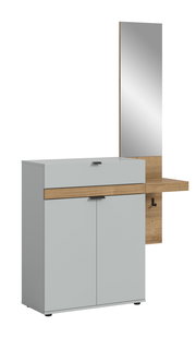 Moderner Flur-Garderobenschrank in Hellgrau mit Holzablage und hohem Spiegel, schräg von vorn rechts auf weißem Hintergrund