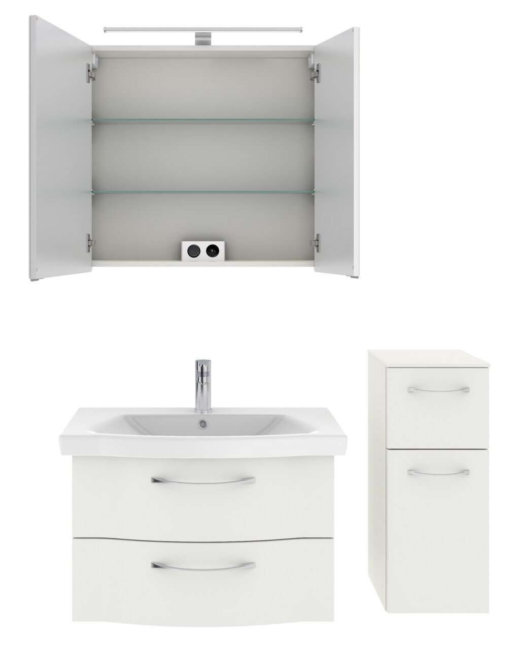 Badezimmermöbel-Set bestehend aus einem geöffneten Spiegelschrank mit Beleuchtung, einem Waschbeckenunterschrank mit zwei Schubladen und einem hohen Seitenschrank mit zwei Fächern, frontal betrachtet.