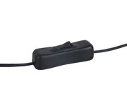 Nahaufnahme eines schwarzen Kippschalters mit Kabel, seitliche Perspektive.