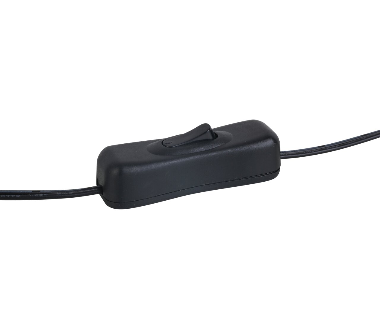 Nahaufnahme eines schwarzen Kippschalters mit Kabel, seitliche Perspektive.