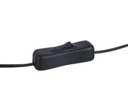 Close-up van een zwarte tuimelschakelaar met kabel, gezien vanaf de zijkant.