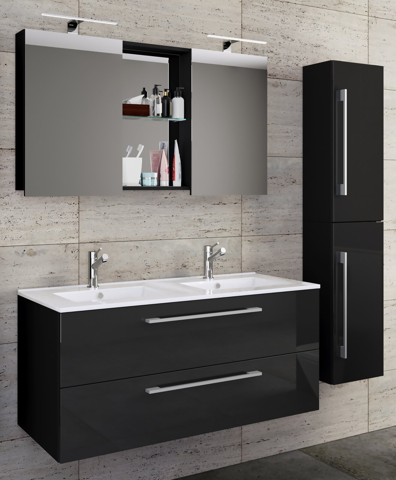 Modernes Badmöbel-Set in Schwarz mit Doppelwaschtisch, Spiegelschrank mit Ablage und LED-Leuchten sowie hohem Seitenschrank, frontal in leichter Schrägansicht von links.
