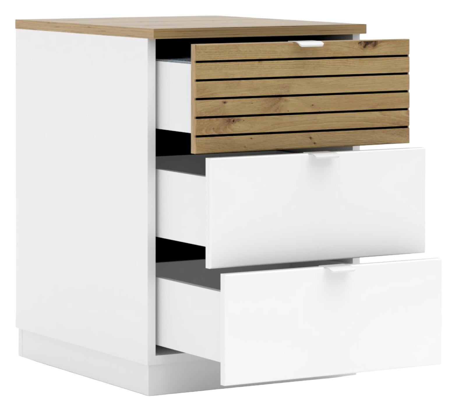 Weißer Schrank mit drei Schubladen, obere Schublade mit Holzfront, Perspektive von vorne links