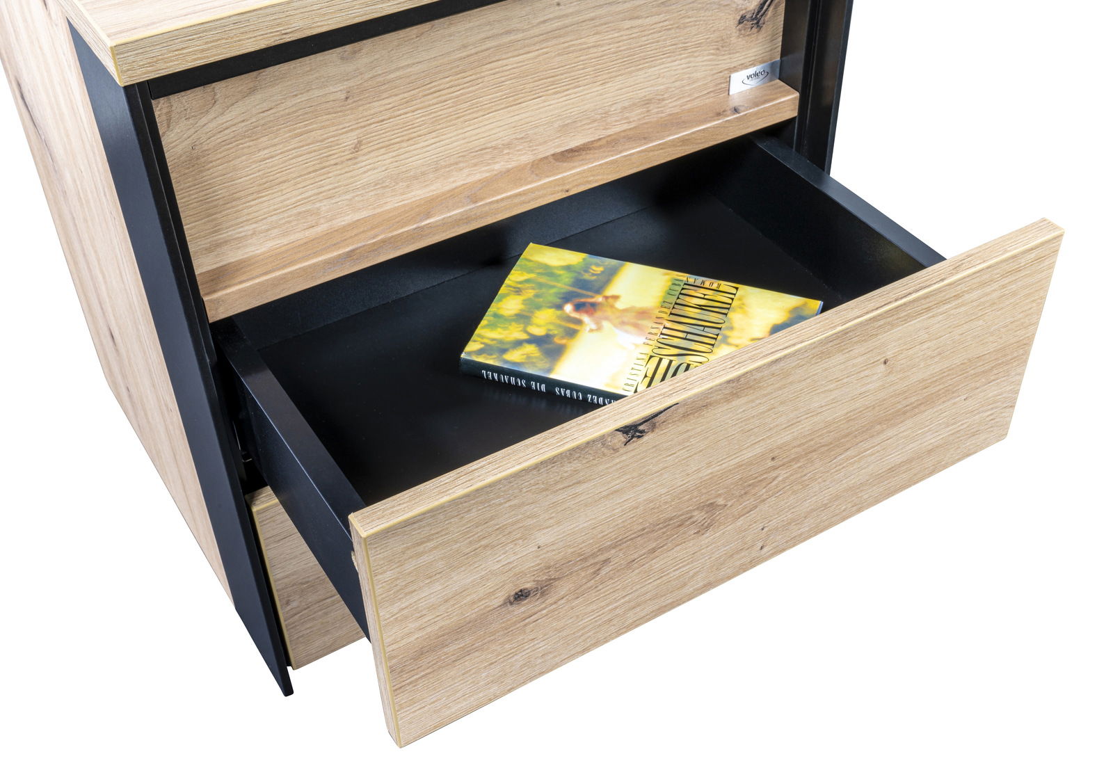 Nachtkommode aus Holz mit geöffneter Schublade, seitliche Perspektive