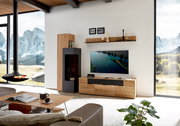 Moderne Wohnzimmer-Wandkombination aus Holz mit TV, Regal und Schrank, seitliche Perspektive