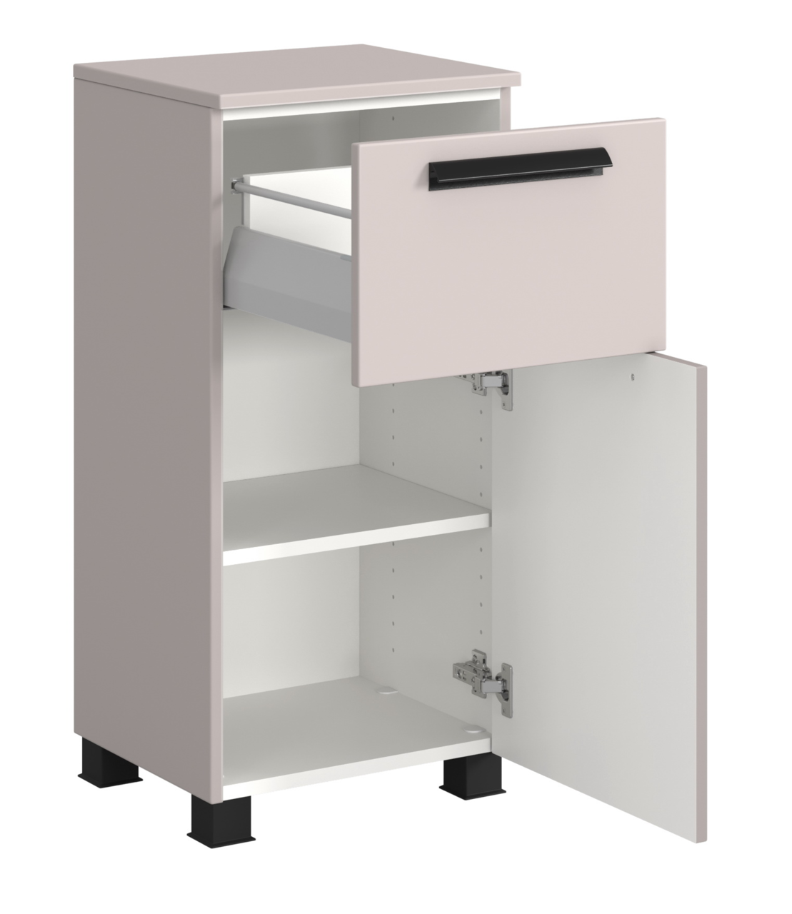 Unterschrank mit einer offenen Schublade und einer geöffneten Tür, seitliche Perspektive