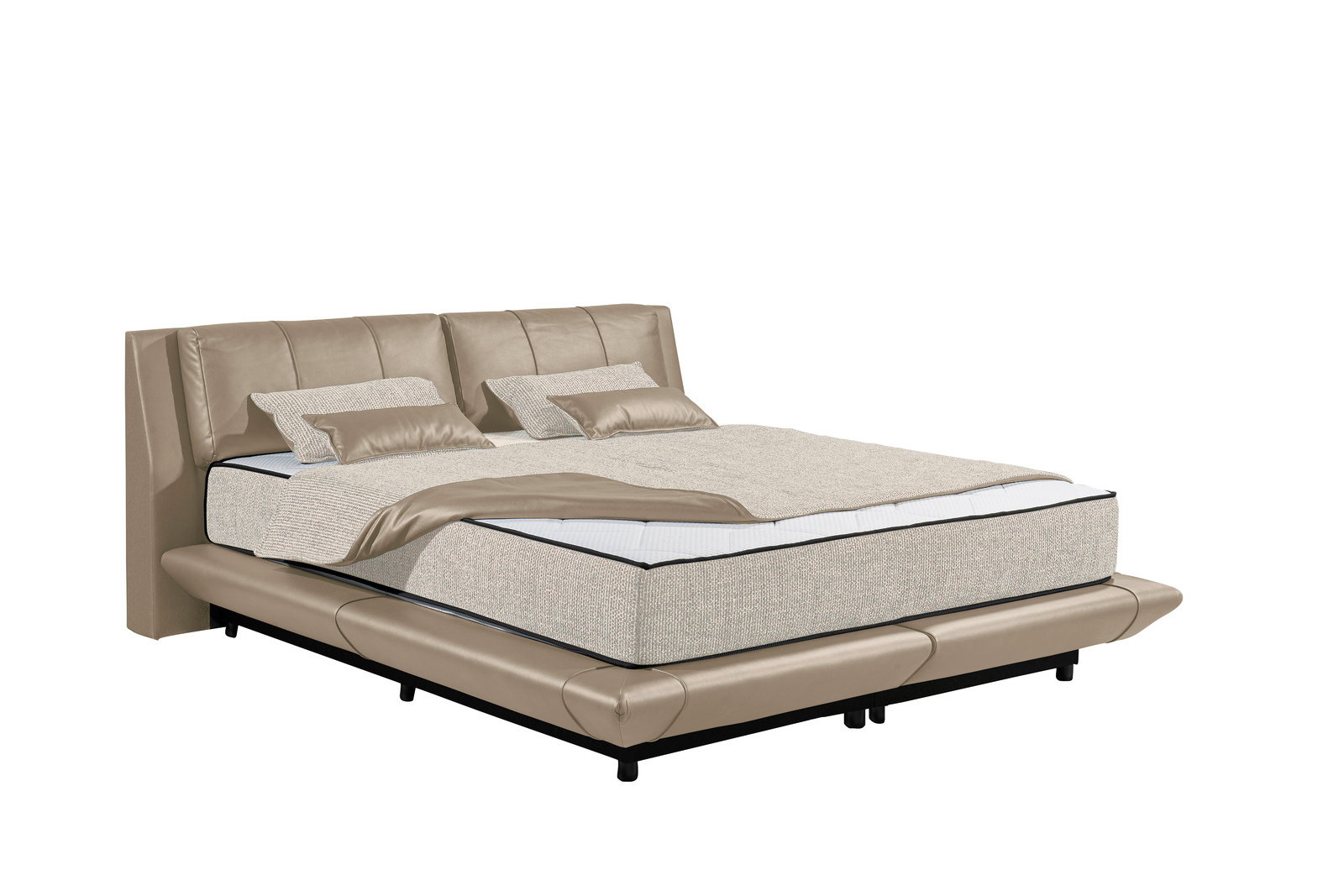 Beiges Polsterbett mit Kopfteil und Bettwäsche, seitliche Perspektive