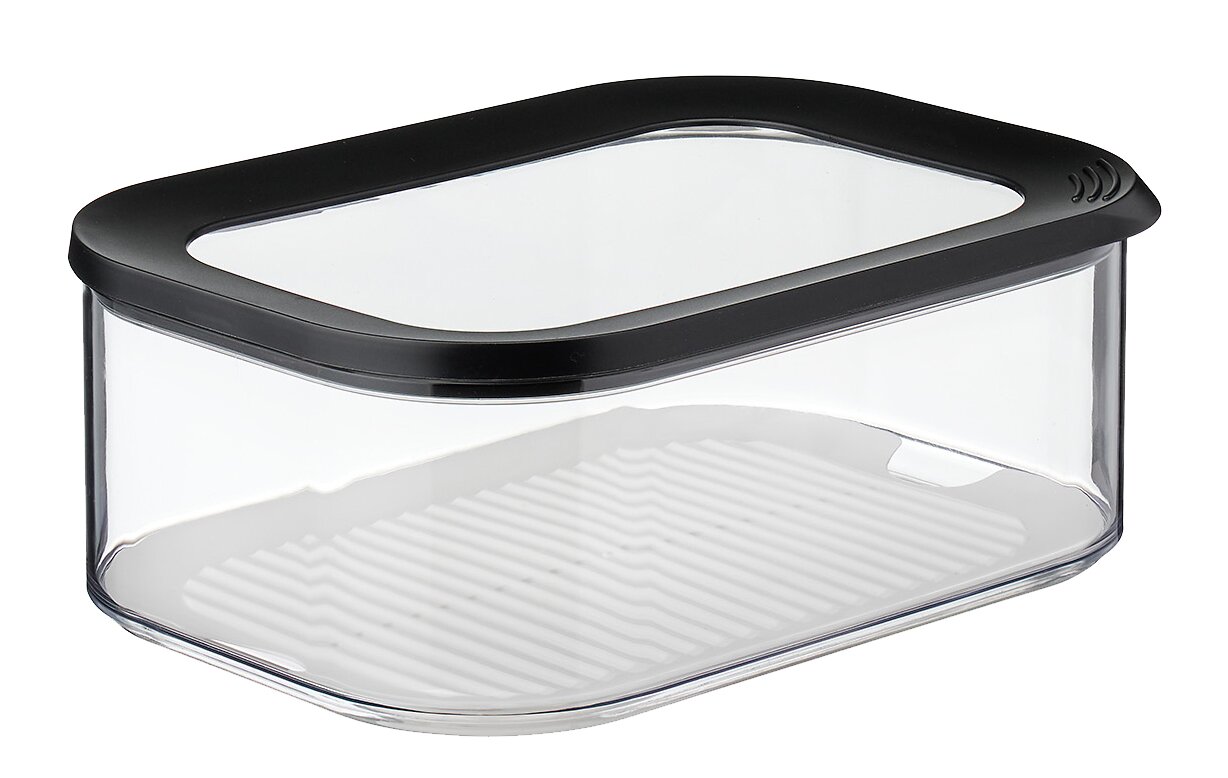 Transparente Kühlschrankdose mit schwarzem Deckel, seitliche Perspektive