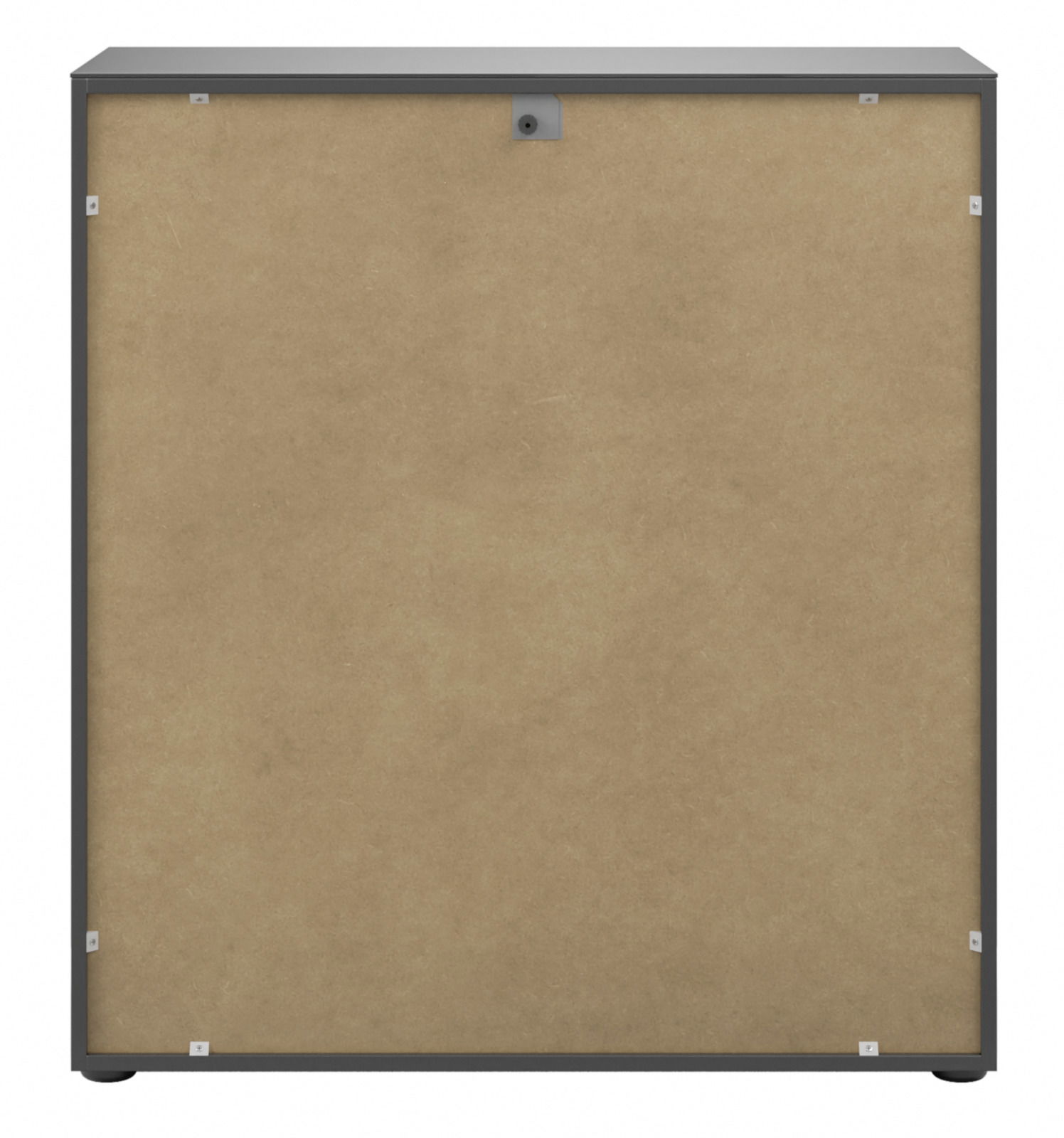 Rückansicht einer Kommode mit schlichtem Design und Holzrückwand.