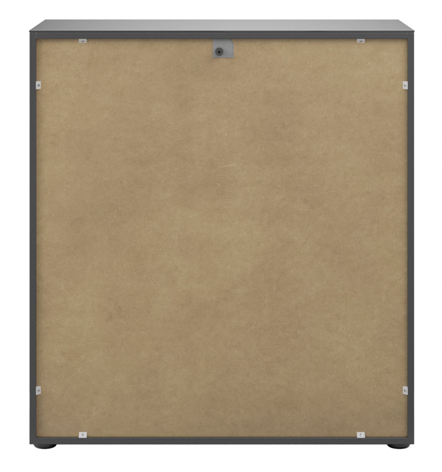 Rückansicht einer Kommode mit schlichtem Design und Holzrückwand.