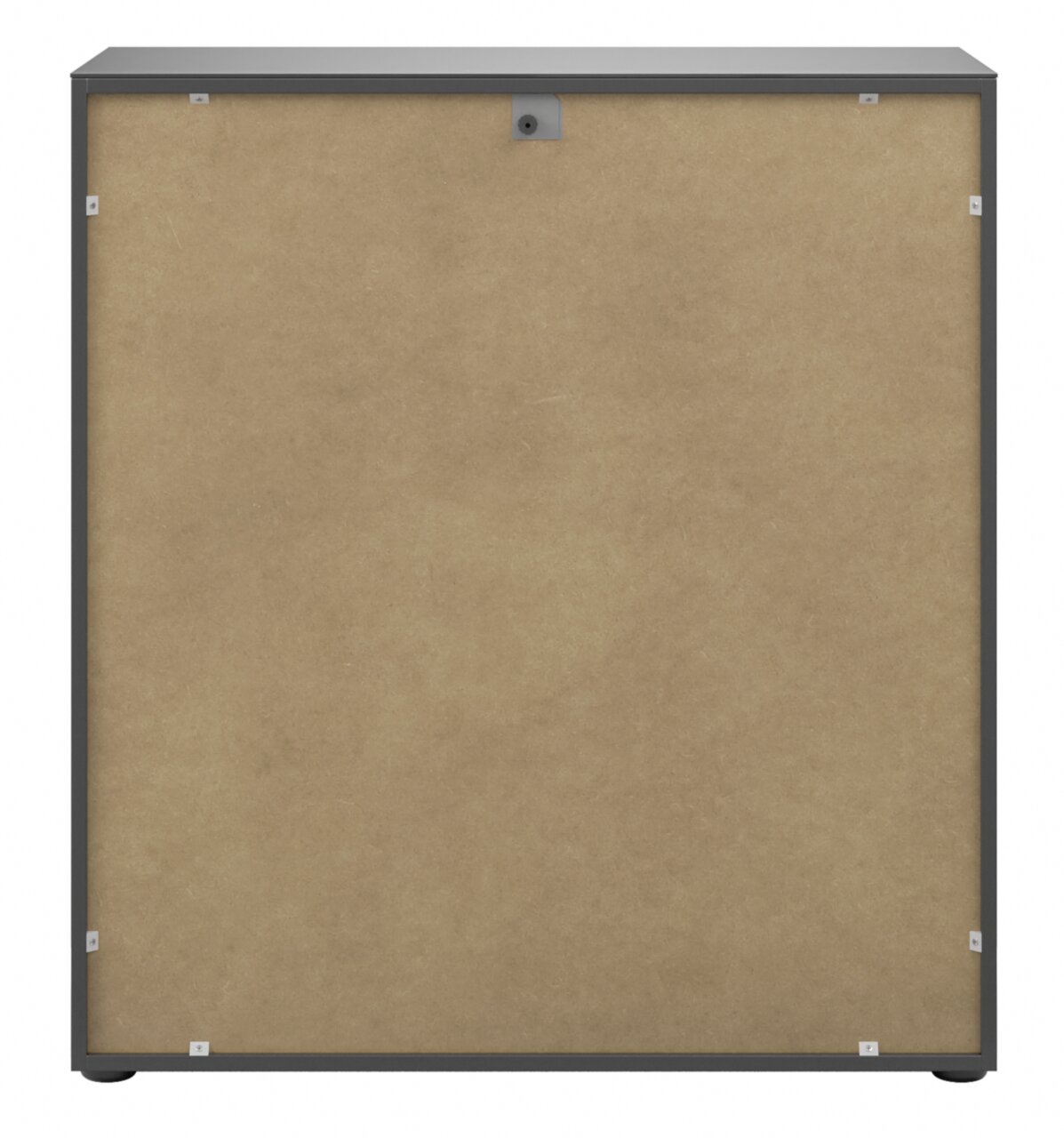 Rückansicht einer Kommode mit schlichtem Design und Holzrückwand.