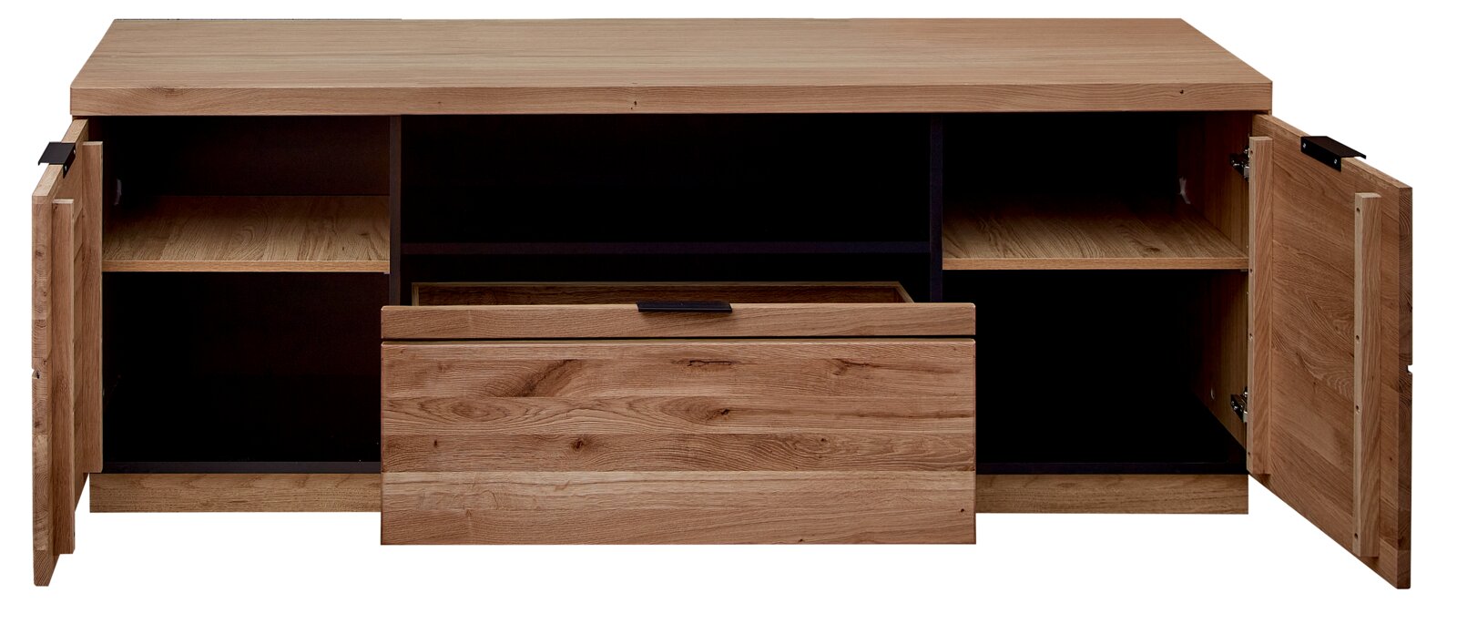Cantus Lowboard DONNA Holz-Sideboard/TV-Lowboard in Eichenoptik mit zwei geöffneten Türen, mittiger Schublade und offenen Fächern; Frontansicht leicht von oben, Innenfächer sichtbar.